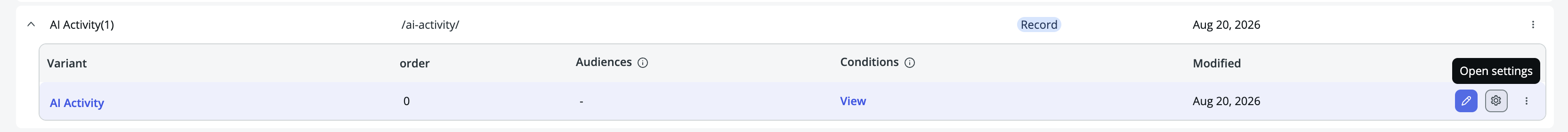 AI Activity container settings, opened via the gear icon