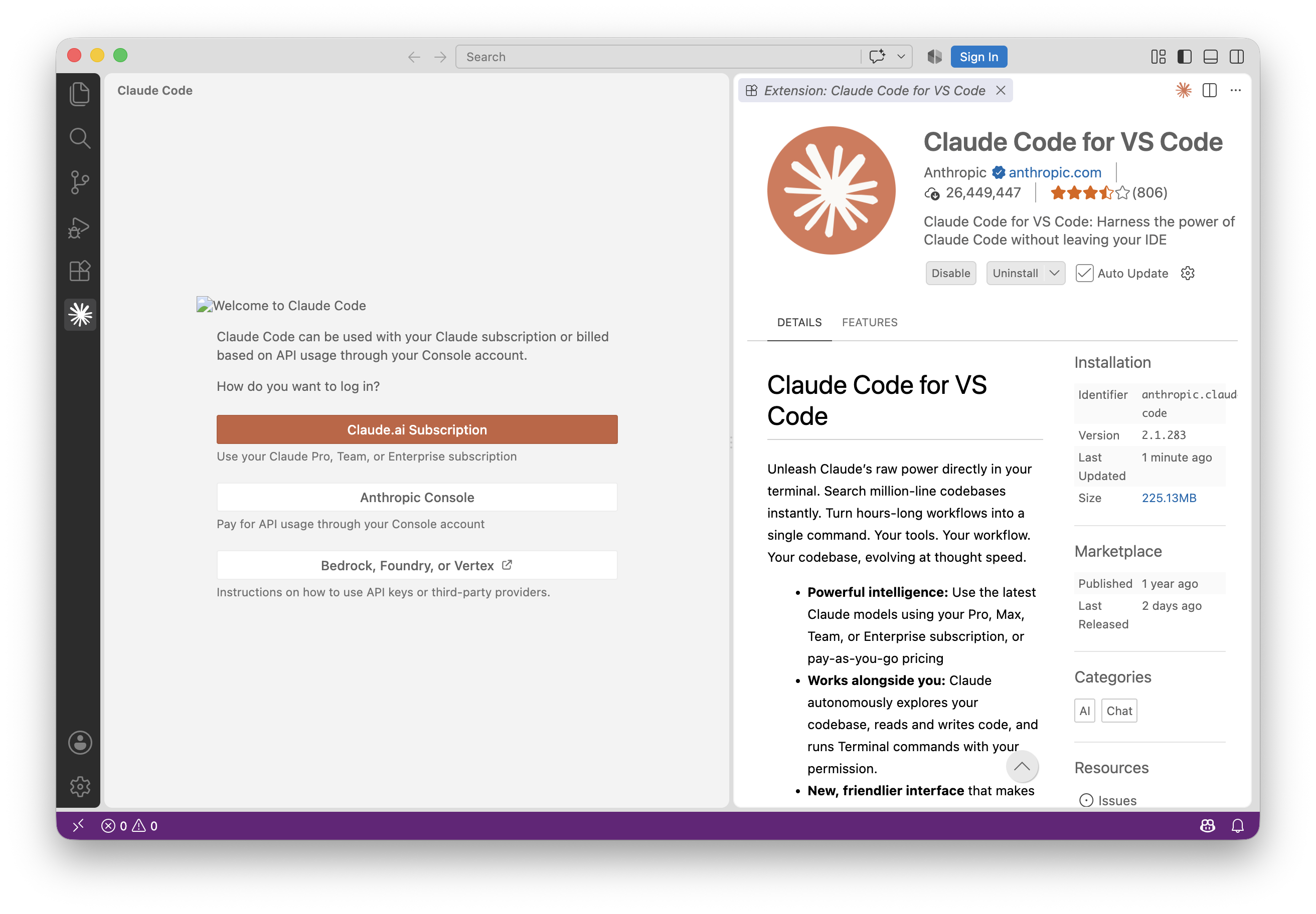 Claude Code login prompt in VS Code