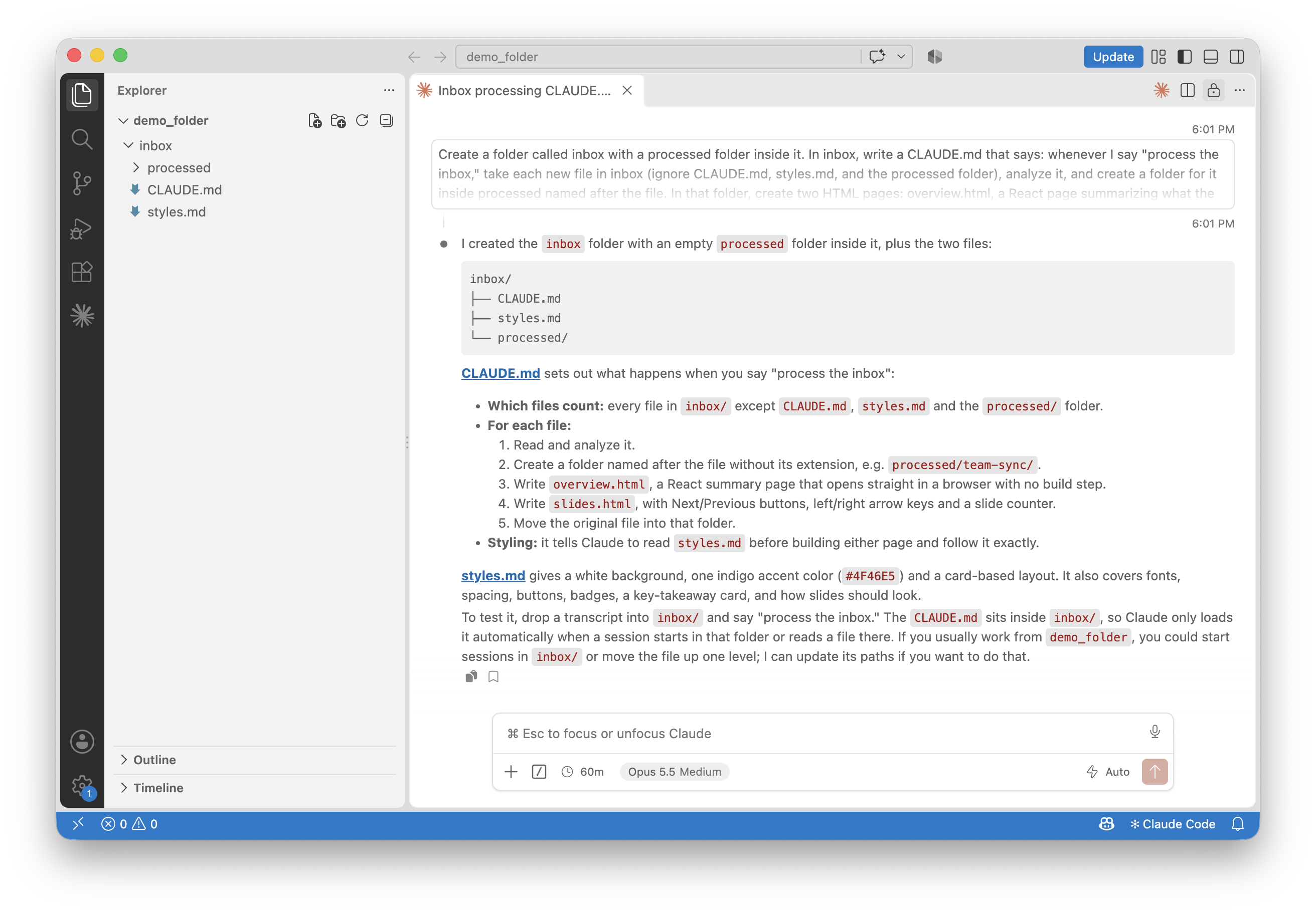 Claude Code’s success message and the new inbox folder structure in VS Code