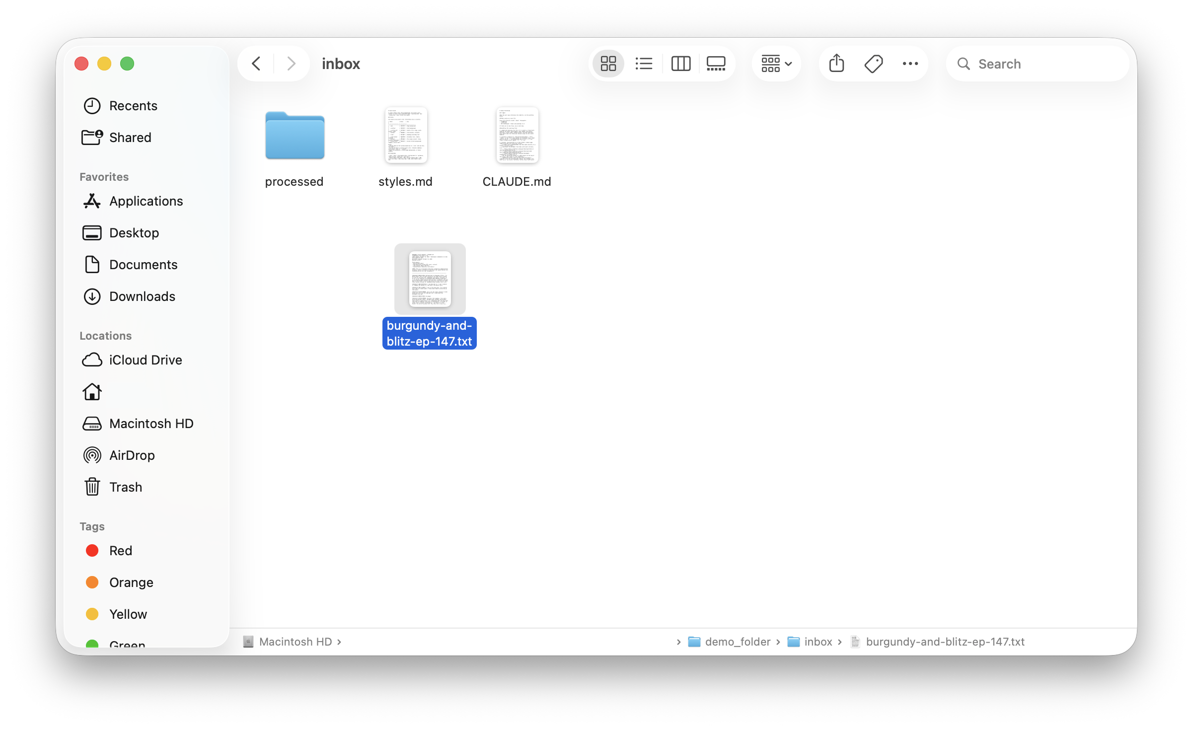 Dragging a transcript file into the inbox folder in VS Code