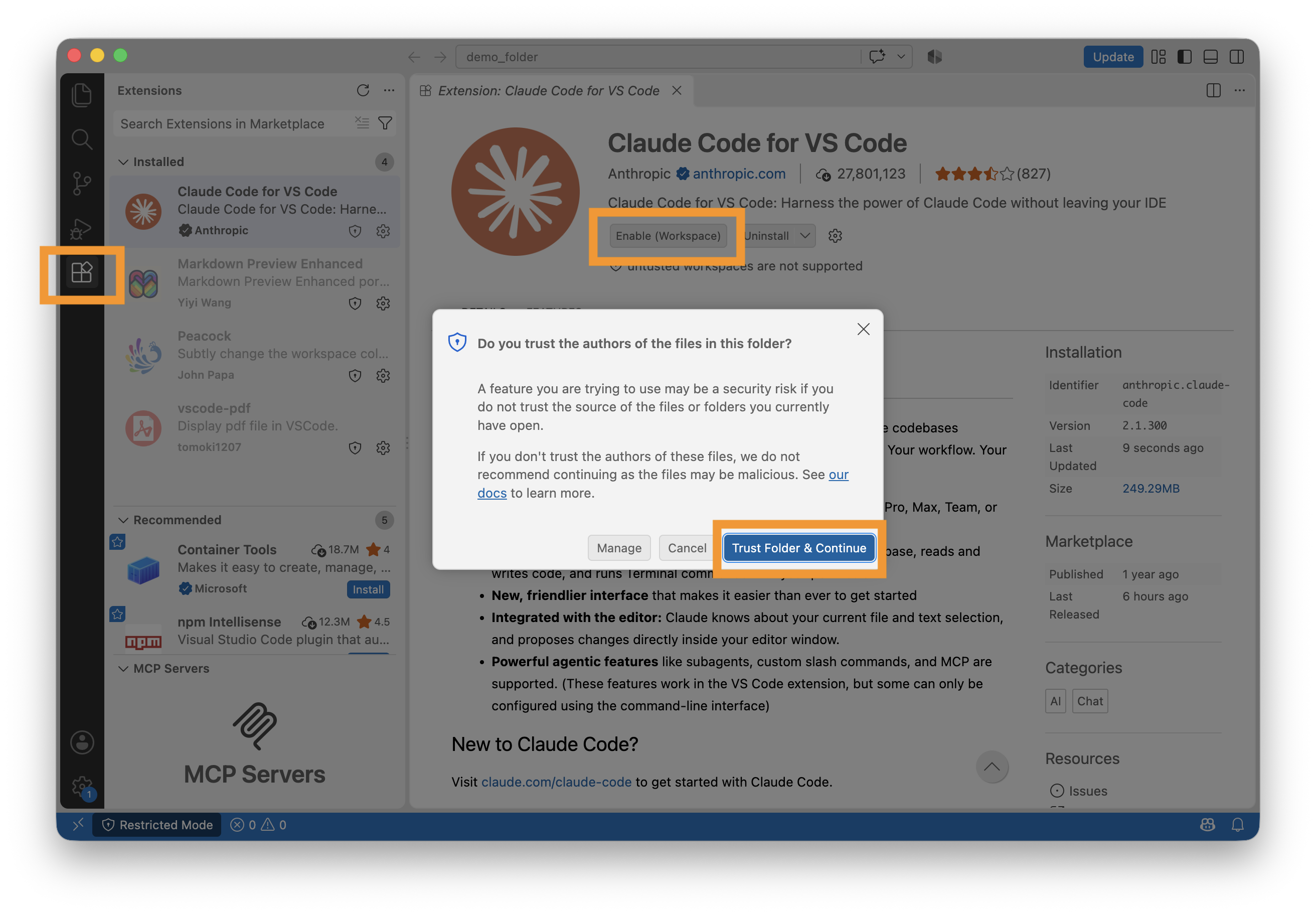 Enabling the Claude Code extension for the workspace in VS Code