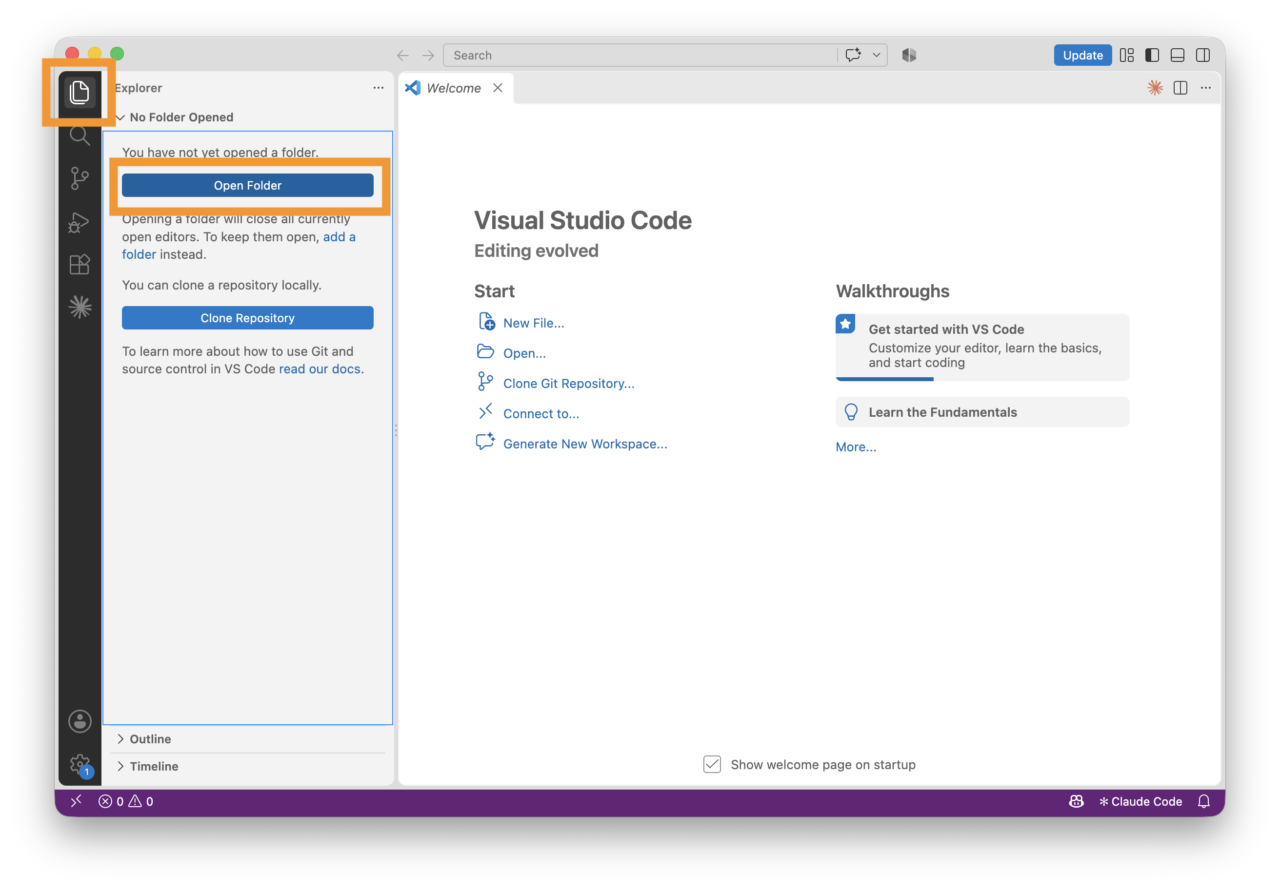 Opening a folder from the Explorer icon in VS Code